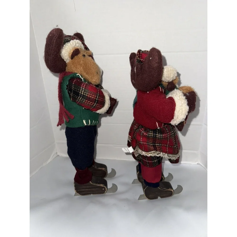 Vintage 2 Chris Moose Christmas Stand Alone Decor Ice Skating Couple Baby Winter